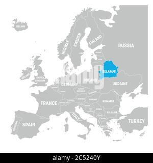 Weißrussland ist durch Blau in der grauen politischen Karte von Europa gekennzeichnet. Vektorgrafik. Stock Vektor