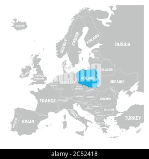 Polen ist durch blaue politische Landkarte von Europa gekennzeichnet. Vektorgrafik. Stock Vektor