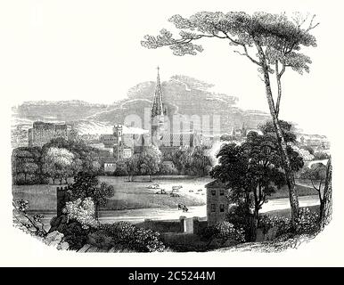 Ein alter Stich von Norwich, Norfolk, England, Großbritannien im Mittelalter. Die große Kathedrale der Stadt ist Zentrum mit Norwich Burg auf der linken Seite. Im Vordergrund ist der Fluss Wensum mit Viehzucht in den Wasserwiesen. Stockfoto