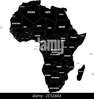 Schwarze Karte des afrikanischen Kontinents mit Landesgrenzen und Ländernamen auf weißem Hintergrund. Vektorgrafik. Stock Vektor