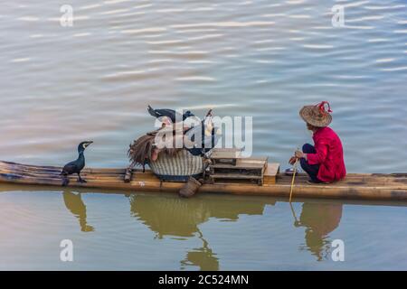 YANGSHUO, CHINA, 6. DEZEMBER 2019: Kormoranfischer auf dem Li-Fluss in Yangshuo Stockfoto