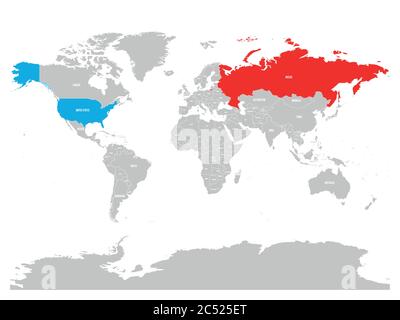 Die Vereinigten Staaten und Russland auf der politischen Karte der Welt hervorgehoben. Vektorgrafik. Stock Vektor