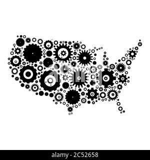 Vereinigte Staaten von Amerika Karte Silhouette Mosaik von Zahnrädern und Zahnrädern. Schwarze Vektorgrafik auf weißem Hintergrund. Stock Vektor