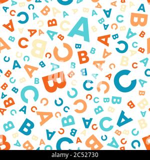 Nahtlose Vektor-Muster - verschiedene Buchstaben ABC. Bunte Schulmuster für Kinder. Mehrfarbiger Hintergrund für Kinder. Stock Vektor