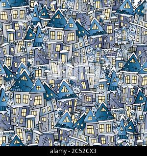 Winter Zeichnung Häuser nahtlose Muster Stock Vektor