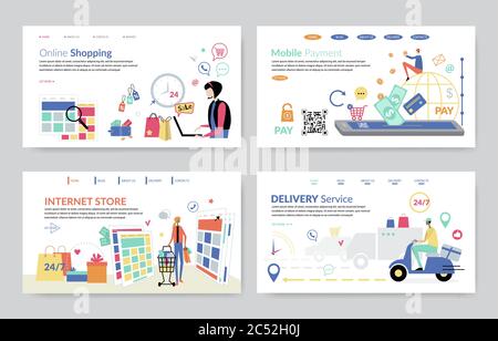 Konzepte Set von Online-Shopping, Mobile Payment, Internet-Shop und Lieferservice. Kreative Website Vorlage, flache Design Vektor Illustration Stock Vektor