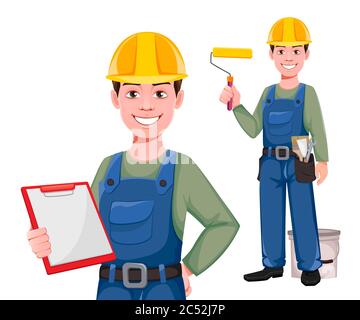 Builder Cartoon-Charakter, Satz von zwei Posen. Junge Bauarbeiter in Hut. Vektorgrafik auf weißem Hintergrund Stock Vektor