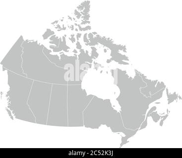 Leere Karte von Kanada in 10 Provinzen und 3 Territorien unterteilt. Verwaltungsregionen Kanadas. Vektorgrafik für ausgegraues Grau. Stock Vektor