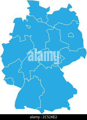 Die Karte von Deutschland war auf 13 Bundesländer und 3 Stadtstaaten aufgeteilt - Berlin, Bremen und Hamburg. Einfache flache leere blaue Vektorkarte Silhouette. Stock Vektor