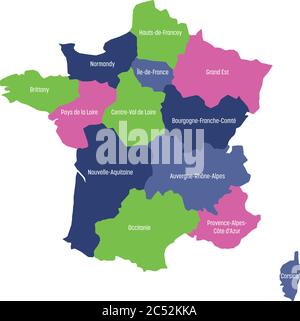 Karte von Frankreich in 13 administrative Metropolregionen unterteilt, seit 2016. Vier Farben. Vektorgrafik. Stock Vektor