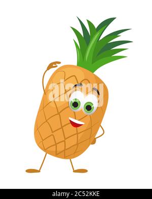 Lustige Ananas mit Augen. Cartoon lustige Früchte Zeichen flache Vektor-Illustration Stock Vektor