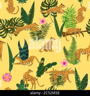 Leoparden in verschiedenen Posen mit tropischen Pflanzen Blätter Blüten nahtlose Muster. Vektor isoliert trendigen Stil Stock Vektor
