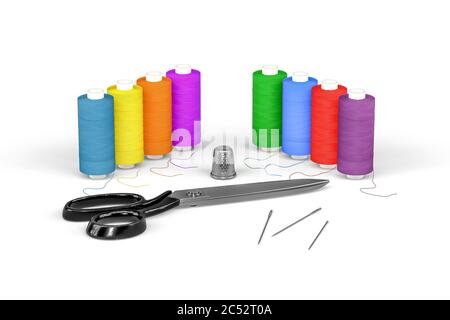 Tailor Kit - Schneiderschere, Satz von farbigen Fäden, drei Nadeln und Thimble isoliert auf weißem Hintergrund - 3d-Rendering Stockfoto