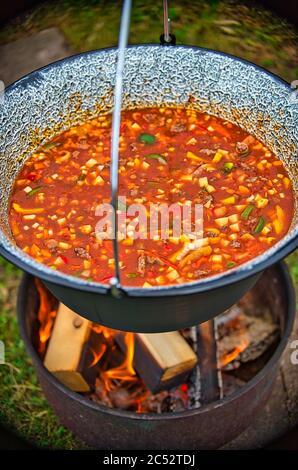 Gulasch über einem offenen Feuer gekocht Stockfoto