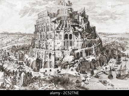 Der Turm von Babel. Aus einer Radierung von Anton Joseph von Prenner, nach einem Werk von Pieter Bruegel dem Älteren. Stockfoto