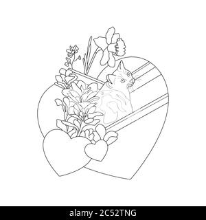 Seite zum Ausmalen von Katzen. Nette Katze im Liegestuhl. Mit hübschen Blumen und Herzen. Illustration Vektor. Stock Vektor