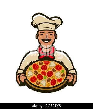 Koch mit Pizza-Logo. Menügestaltung für Café und Restaurant. Vektorgrafik Stock Vektor