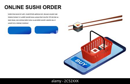 Online bestellen Sushi isometrische Vektor Illustration. japanische Lebensmittel Lieferung Konzept isoliert auf weißem Hintergrund Stock Vektor