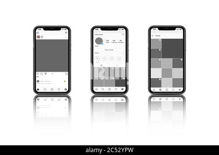 Soziales Netzwerk mit Fotos auf dem Bildschirm eines mobilen Touch-Telefons. Poste, blogger oder kommerzielles Kontoprofil und Feed von empfohlenen Fotos. Stock Vektor