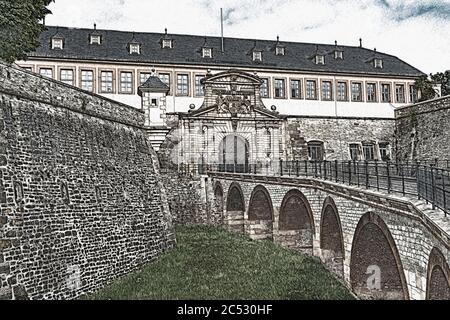 Das ehemalige Kommandantenhaus mit Peterstor befindet sich auf dem Peterberg. Die Barockstadt Petersberg befindet sich in Erfurt, der Landeshauptstadt Thüringens, Ge Stockfoto