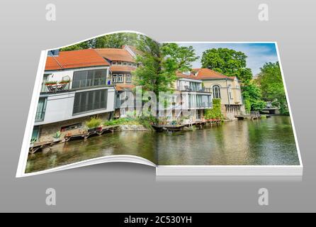 Blick über die Gera zu Wohngebäuden und der kleinen Synagoge, Erfurt, Landeshauptstadt Thüringens, Deutschland, Europa Stockfoto