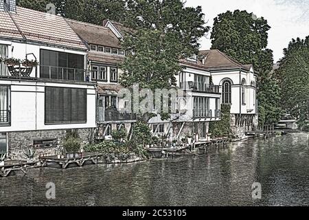 Blick über die Gera zu Wohngebäuden und der kleinen Synagoge, Erfurt, Landeshauptstadt Thüringens, Deutschland, Europa Stockfoto
