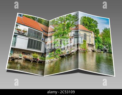 Blick über die Gera zu Wohngebäuden und der kleinen Synagoge, Erfurt, Landeshauptstadt Thüringens, Deutschland, Europa Stockfoto