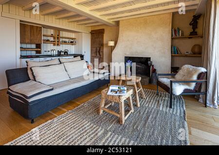 Innenraum eines Kled an der Ferme du Vent in der Nähe von Château Richeux, Saint-Malo, Frankreich Stockfoto