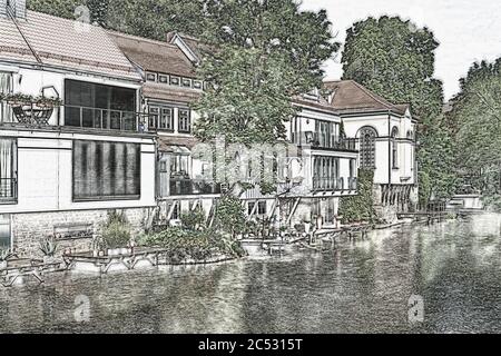 Blick über die Gera zu Wohngebäuden und der kleinen Synagoge, Erfurt, Landeshauptstadt Thüringens, Deutschland, Europa Stockfoto