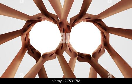 Gruppe Einheit und Vielfalt Partnerschaft als Hände in einer Gruppe von verschiedenen Menschen miteinander verbunden geformt als zwei Teams in Unterstützungskreisen als Symbol. Stockfoto