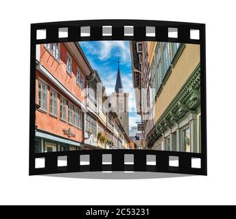 Blick über die Kraemerbrücke auf den Turm der Aegidienkirche, Erfurt, Landeshauptstadt Thüringens, Deutschland, Europa Stockfoto