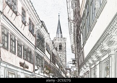 Blick über die Kraemerbrücke auf den Turm der Aegidienkirche, Erfurt, Landeshauptstadt Thüringens, Deutschland, Europa Stockfoto