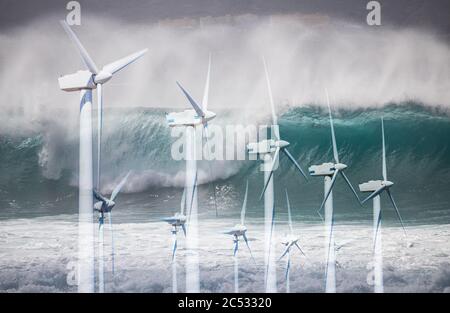 Offshore-Windturbine, Turbinen und brechende Welle.Wind, Wellenleistung, saubere, erneuerbare Energie, Netto-Null-Emissionen, Globale Erwärmung... Konzept. Stockfoto
