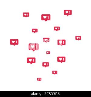 Zusammensetzung der Elemente sozialer Medien. Grenze für die Benachrichtigung des Zählers. Wie Symbole fliegen auf weißem Hintergrund. Kommentar und Folgesymbol. Soziale Netzwerke Stock Vektor