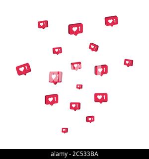 Wie 3d-Symbole fliegen auf weißem Hintergrund. Kommentar und Folgesymbol. Social Media-Elemente. Grenze für die Benachrichtigung des Zählers. Soziale Netzwerke. Vektor Stock Vektor