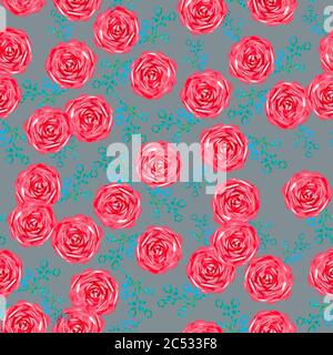 Vintage Hand Zeichnung rote Rose floral Muster Design, Haus Innenwand, nahtlose Wiederholung Muster, Retro Blume, Mode-Druck, rote Rosen, Natur Stockfoto