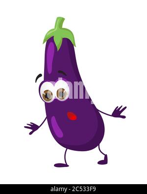 Lustige Aubergine mit Augen auf weißem Hintergrund. Cartoon lustige Gemüse Zeichen flache Vektor-Illustration Stock Vektor