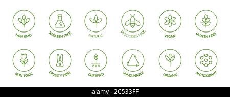 Symbole für organische Kosmetiklinien gesetzt. Produktfreie Allergenetiketten. Abzeichen für Naturprodukte. GVO-freie Embleme. Organische Aufkleber. Gesunde Ernährung. Vektor Stock Vektor
