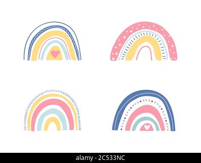 Hand drawn unique rainbow set. Cute kids nursery collection in pastel colors. Baby shower. Lovely cartoon rainbows for wallpaper, fabric. Vector Stock Vektor