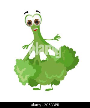 Lustige Broccoli mit Augen auf weißem Hintergrund. Cartoon lustige Gemüse Zeichen flache Vektor-Illustration Stock Vektor