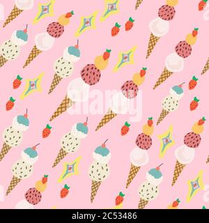 Cute weiches Eis Hand Zeichnung Illustration nahtlose Wiederholung Muster, rosa Hintergrund, Erdbeere und Vanille Eis, Doodle, Kunstwerk. Stockfoto