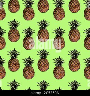 Siebdruck schwarz und weiß Kontrast Ananas tropisch exotisch Hand gezeichnet nahtlose Wiederholung Muster Design, Mode-Druck, Neon-Farbe Hintergrund, einfach Stockfoto