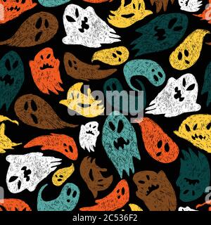 Vektor schwarz bunt niedlichen Skizze von Cartoon Geister nahtlose Muster. Hintergrund für halloween Poster, Grußkarten, Einladungen, Webdesign Stock Vektor