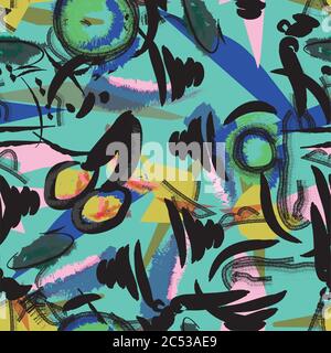 Vektor grobe Pinsel Schlaganfall und abstrakte Schicht Formen nahtlose Wiederholung Muster. Neon-blauen Hintergrund. Bekleidung Mode drucken. Stock Vektor