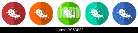 Virus Icon Set, Coronavirus, covid-19, Infektion, rot, blau, grün und orange flaches Design Web-Tasten isoliert auf weißem Hintergrund, Vektor illustratio Stock Vektor