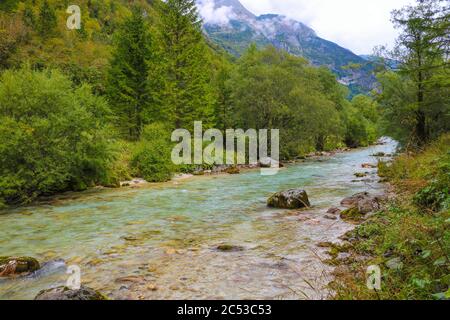 Farbenfrohe Krnica Fluss im Krnica Tal bei Kranjska gora im Triglav Nationalpark in Slowenien Stockfoto