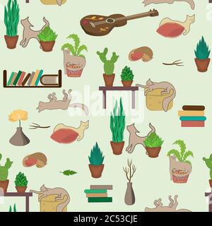 Lustige Katzen, Blumen in Töpfen, Gitarre und Bücher Stock Vektor