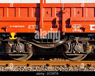 Räder auf einem Güterwagen auf einer Schiene, Hamburg, Deutschland, Europa Stockfoto