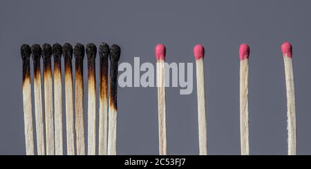 Verbrannte Streichhölzer und abgestandet Streichhölzer intakt. Konzept der sozialen Distanz, Sicherheit und Gefahr. Stockfoto