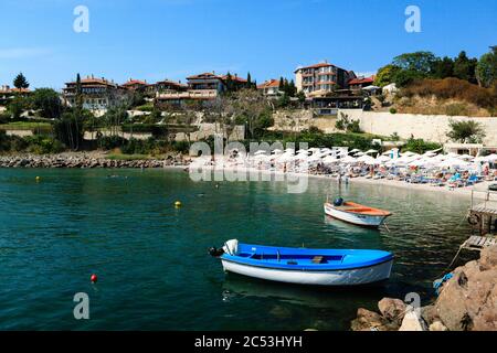 Strand in Nessebar, Schwarzes Meer, Bulgarien, Europa Stockfoto